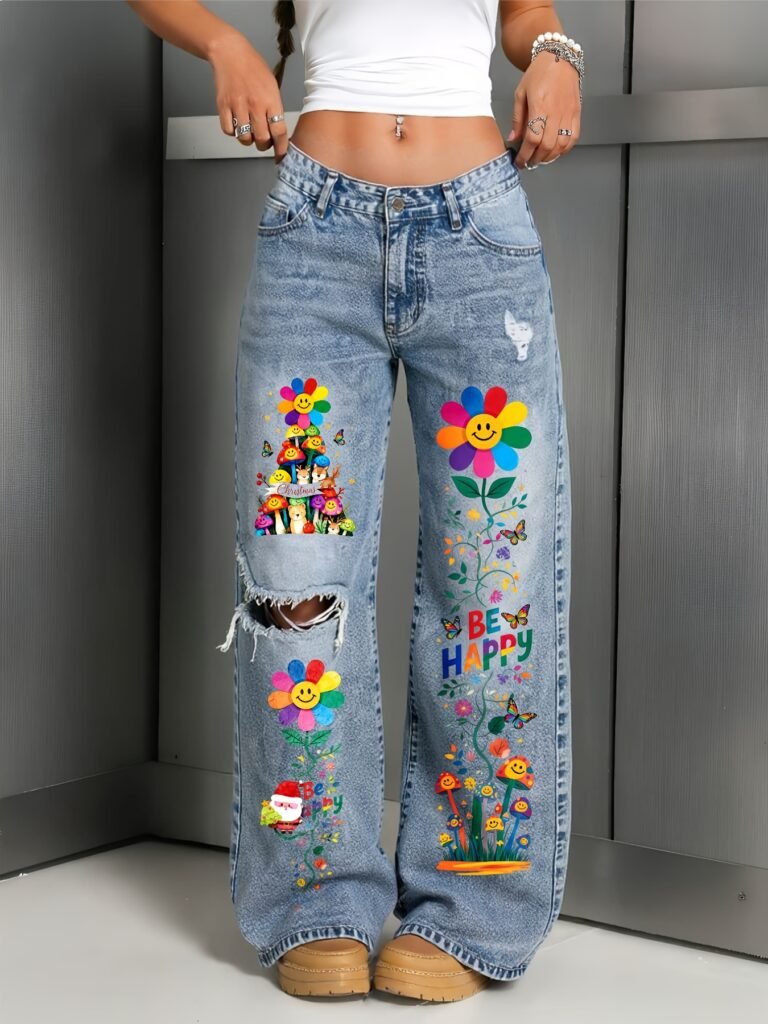 NOVA Be Happy Garden Graphic  Wide-Leg Jeans