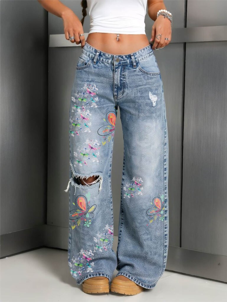 NOVA Butterfly Garden Wide-Leg Jeans