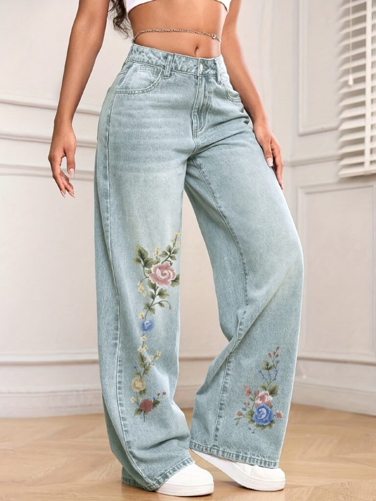 NOVA Garden Muse Floral & Bow Wide-Leg Jeans