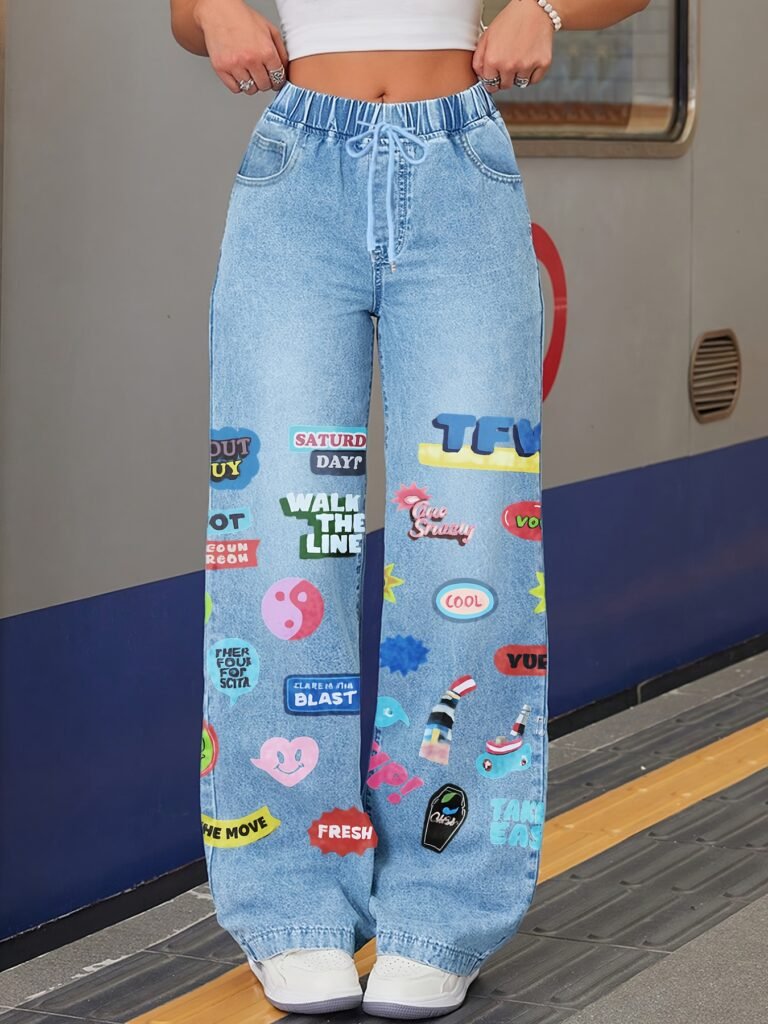 NOVA Sticker Story Drawstring Wide-Leg Jeans
